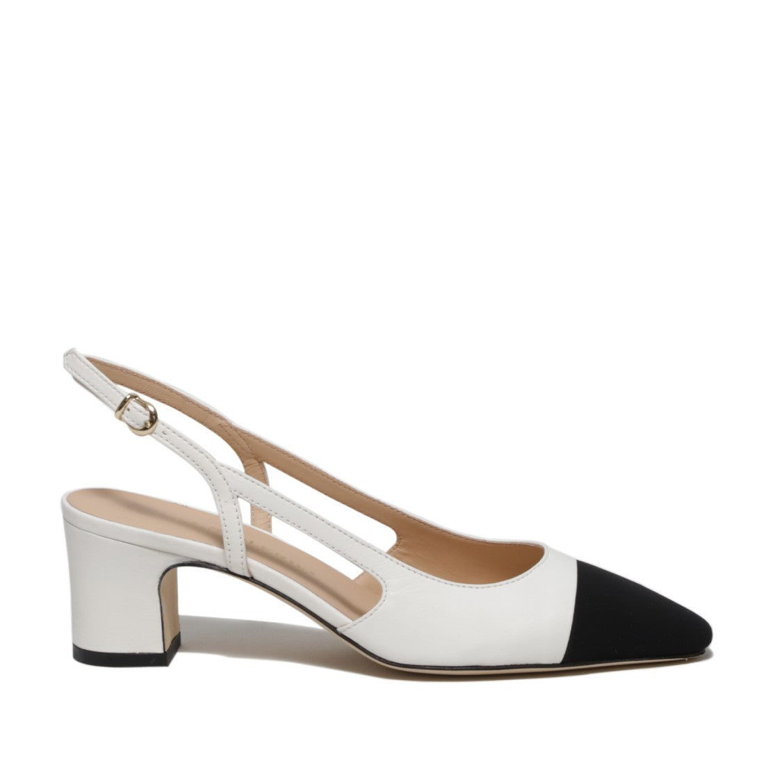 La Sellerie White Nappa Slingback With Black Fabric Toe Cap