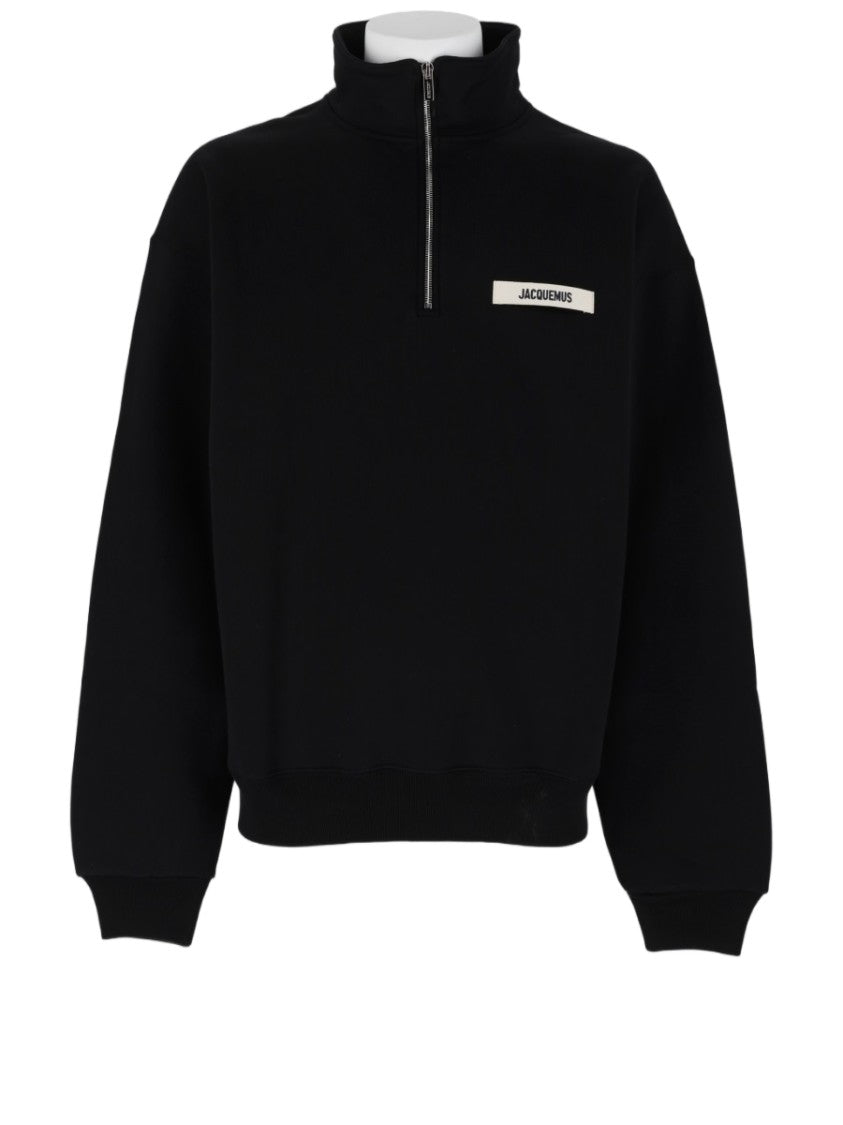 Jacquemus Half-Zip Black Logo Patch Cotton Sweatshirt