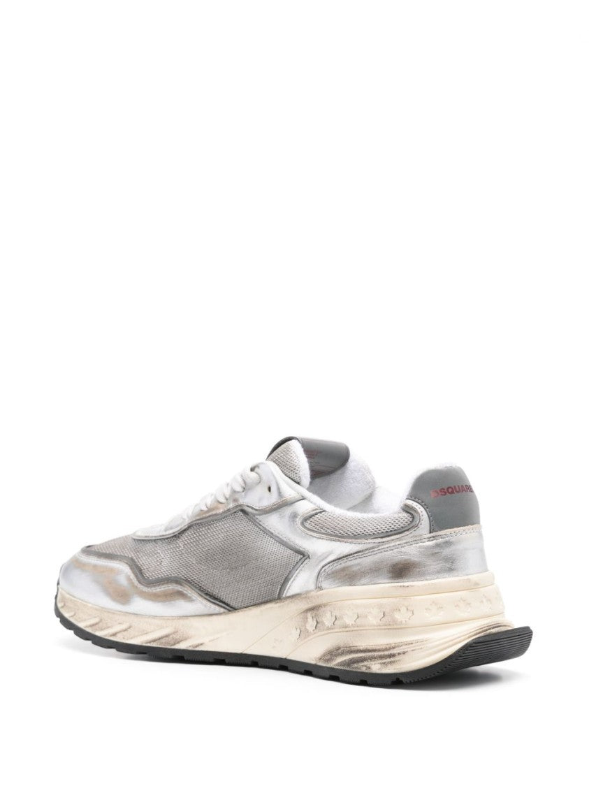 Dsquared2 Vintage-Effect Silver Leather Mesh Sneakers