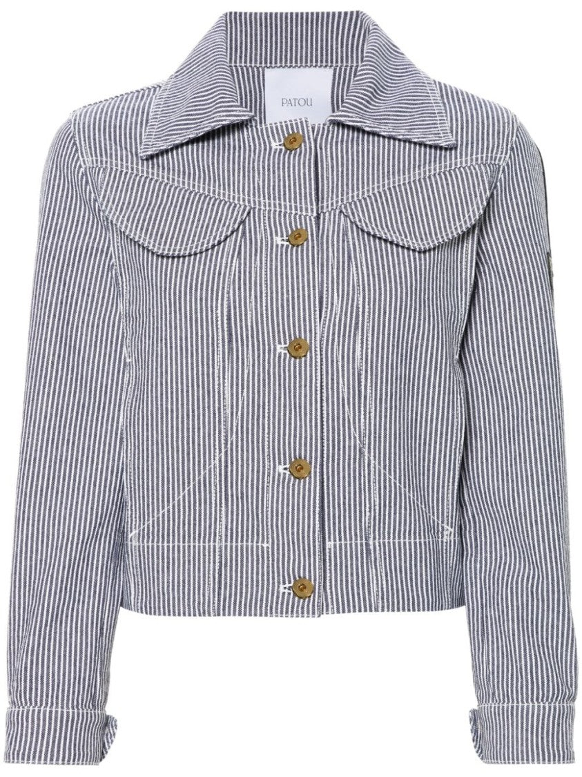 Patou Cropped Navy Blue And White Vertical Stripe Jacket