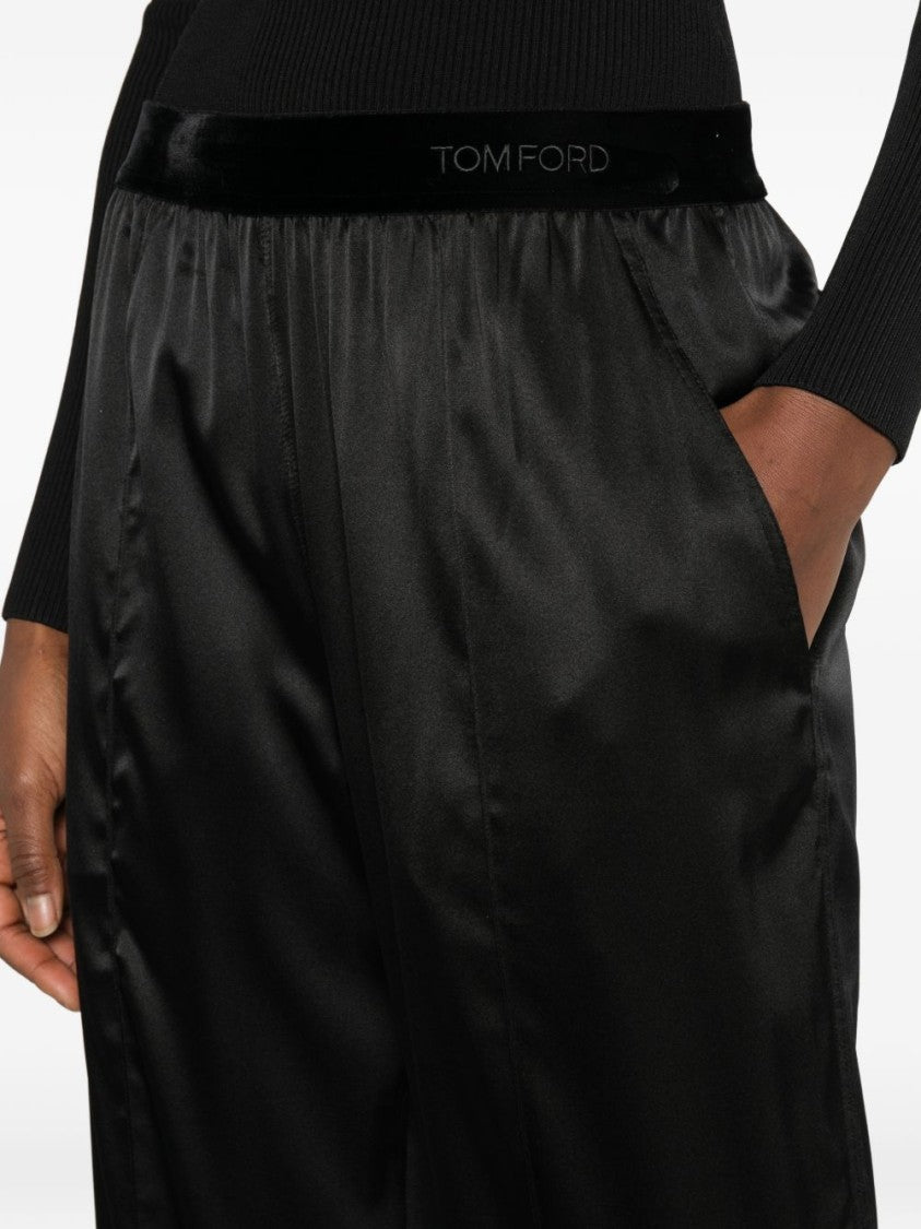 Tom Ford Black Silk Velvet Waistband Straight-Leg Pants
