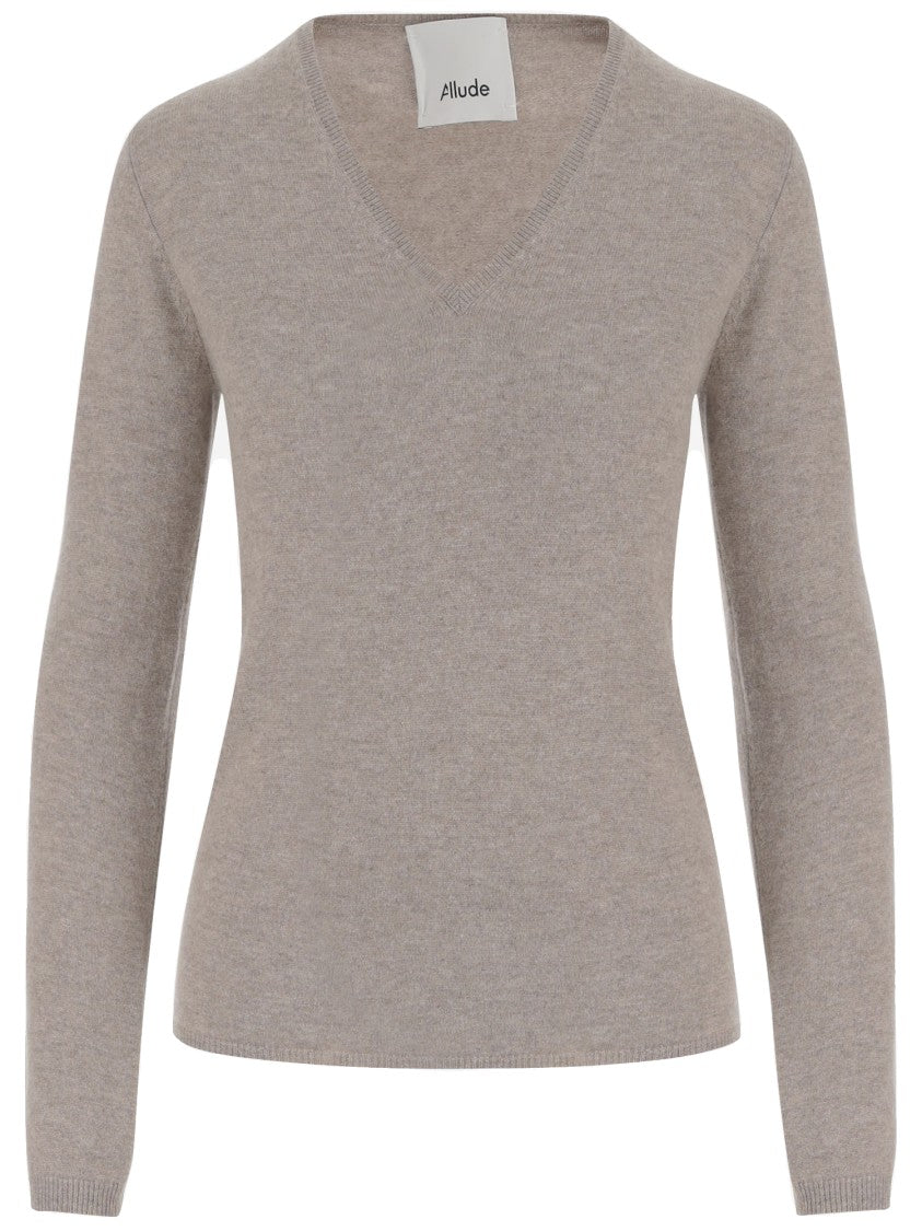 Allude V-Neck Cashmere Sweater With Ribbed Details