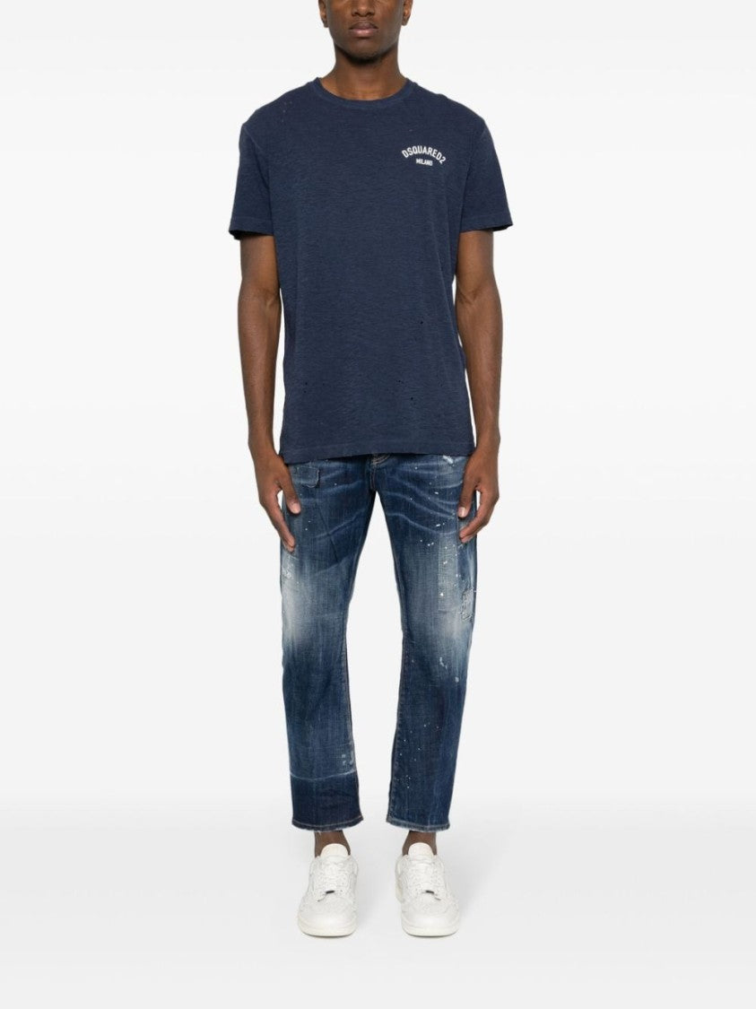 Dsquared2 Navy Blue Distressed Cotton Blend T-Shirt