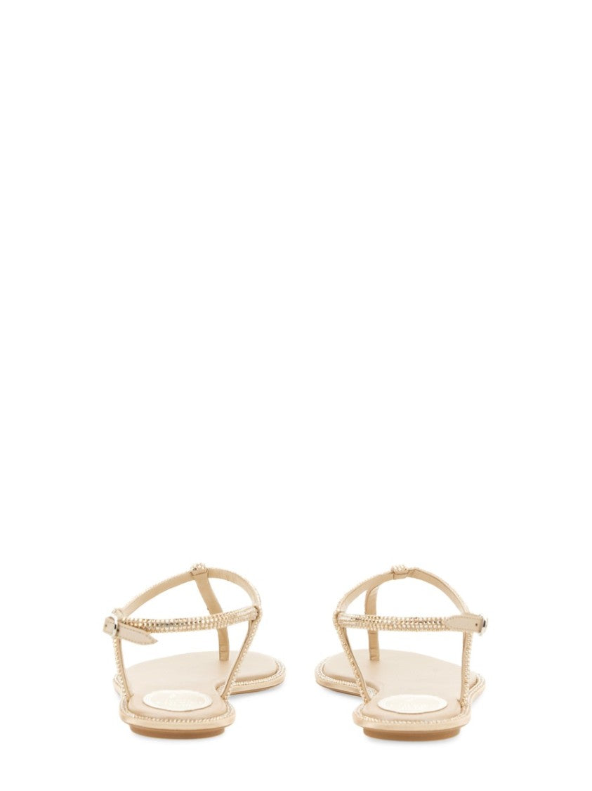 René Caovilla Diana Minimalist Embellished Flat Leather Sandals