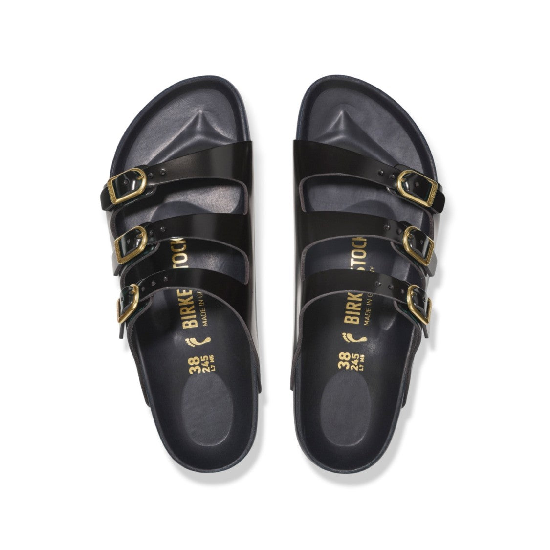 Birkenstock Florida Sandal In Black Brushed Leather And Gold Buckles