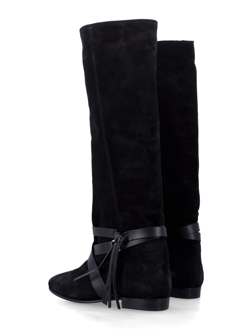 Isabel Marant Knee-High Black Suede Boots With Wraparound Leather Straps