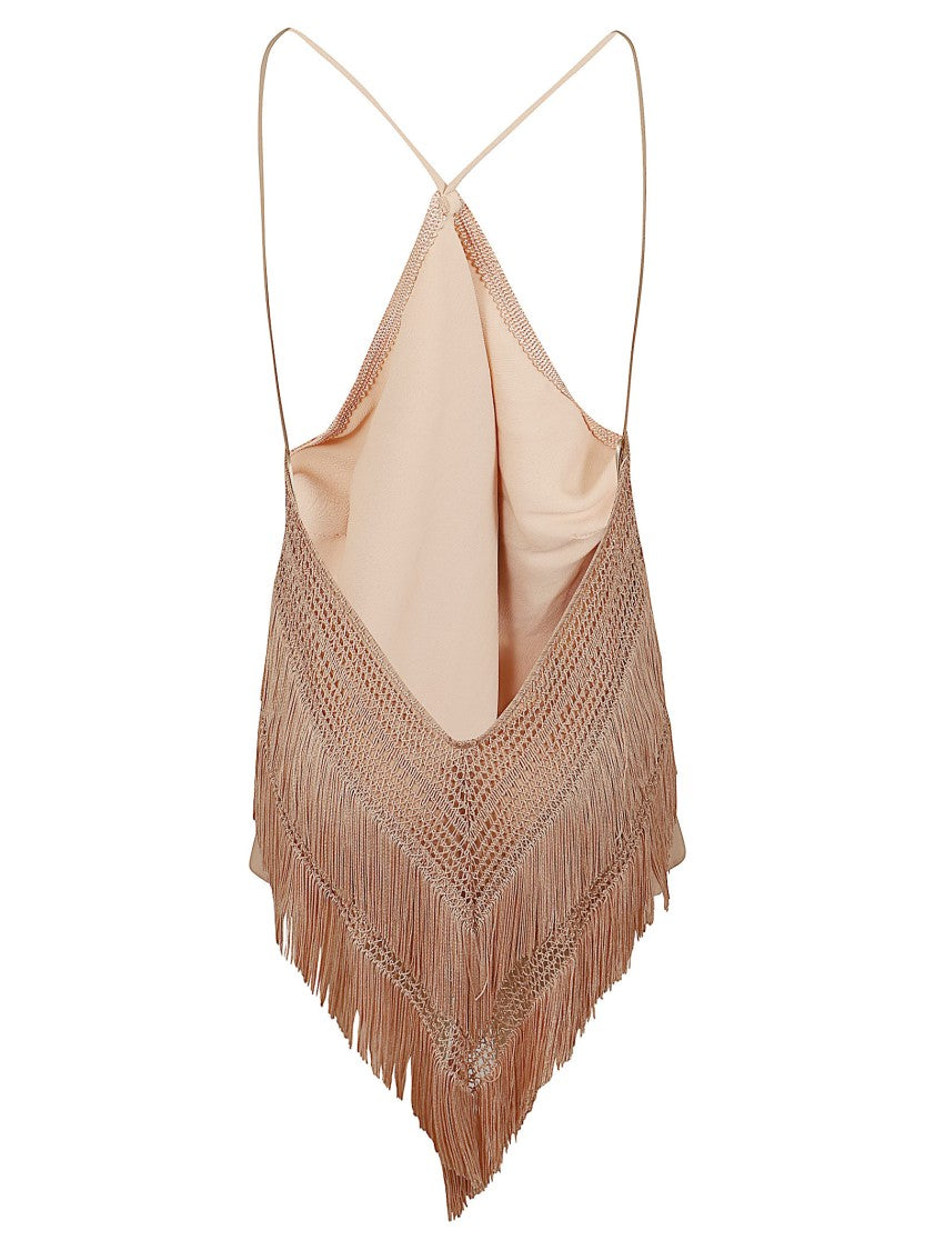 The Andamane Halterneck Fringed Top With Asymmetrical Hem And Crochet Detailing