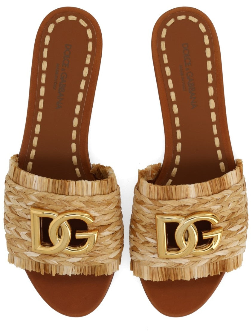 Dolce & Gabbana Woven Raffia Fringe Logo Slides
