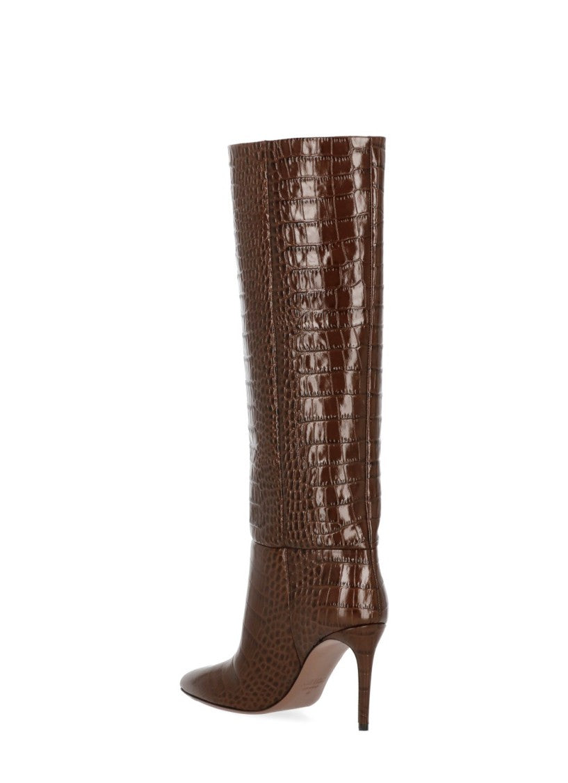 Paris Texas Mid-Calf Brown Crocodile-Effect Boots With Arrow Toe