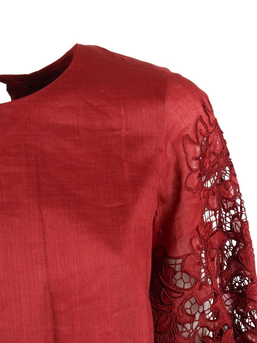 Max Mara Voluminous Red Top With Floral Lace Cutouts