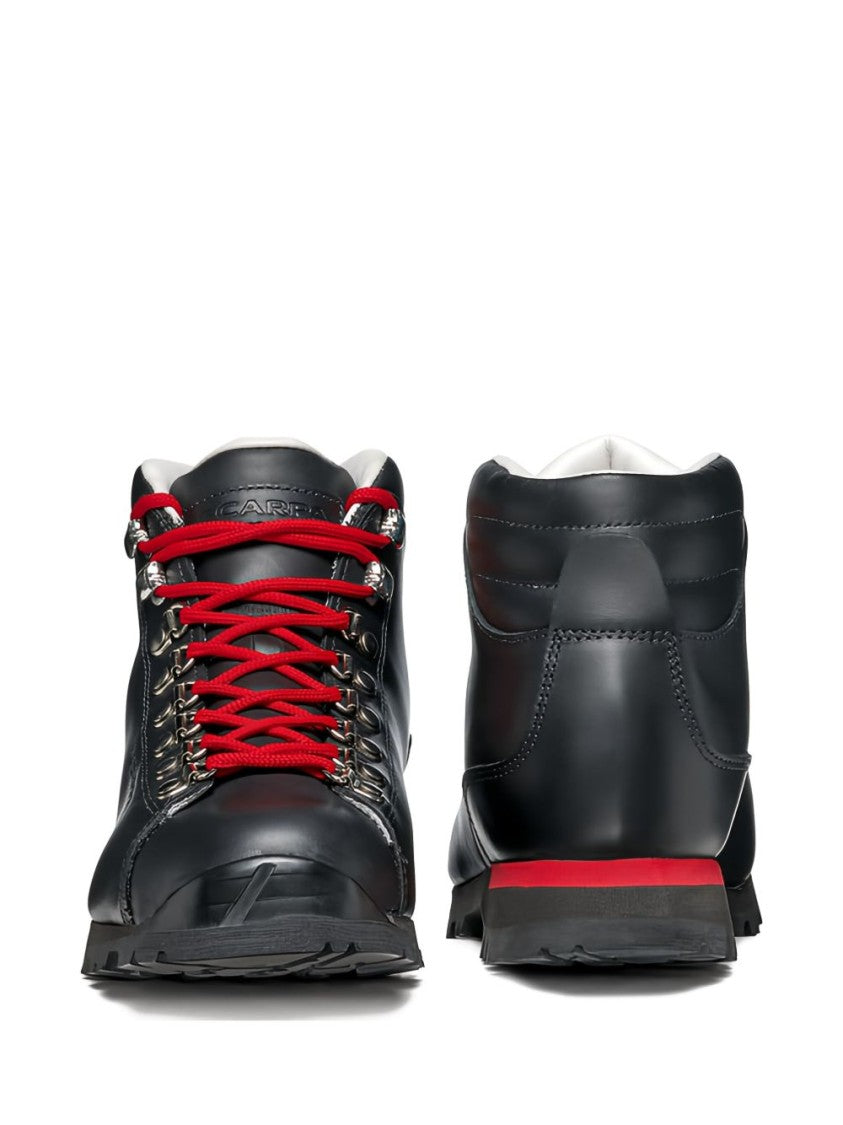 Scarpa Black Leather Red-Accented Mid-Top Sneakers
