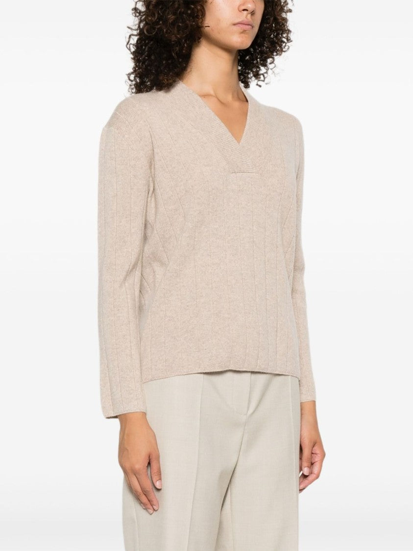 Max Mara Ribbed Beige Sweater With V-Neck And Long Sleeves