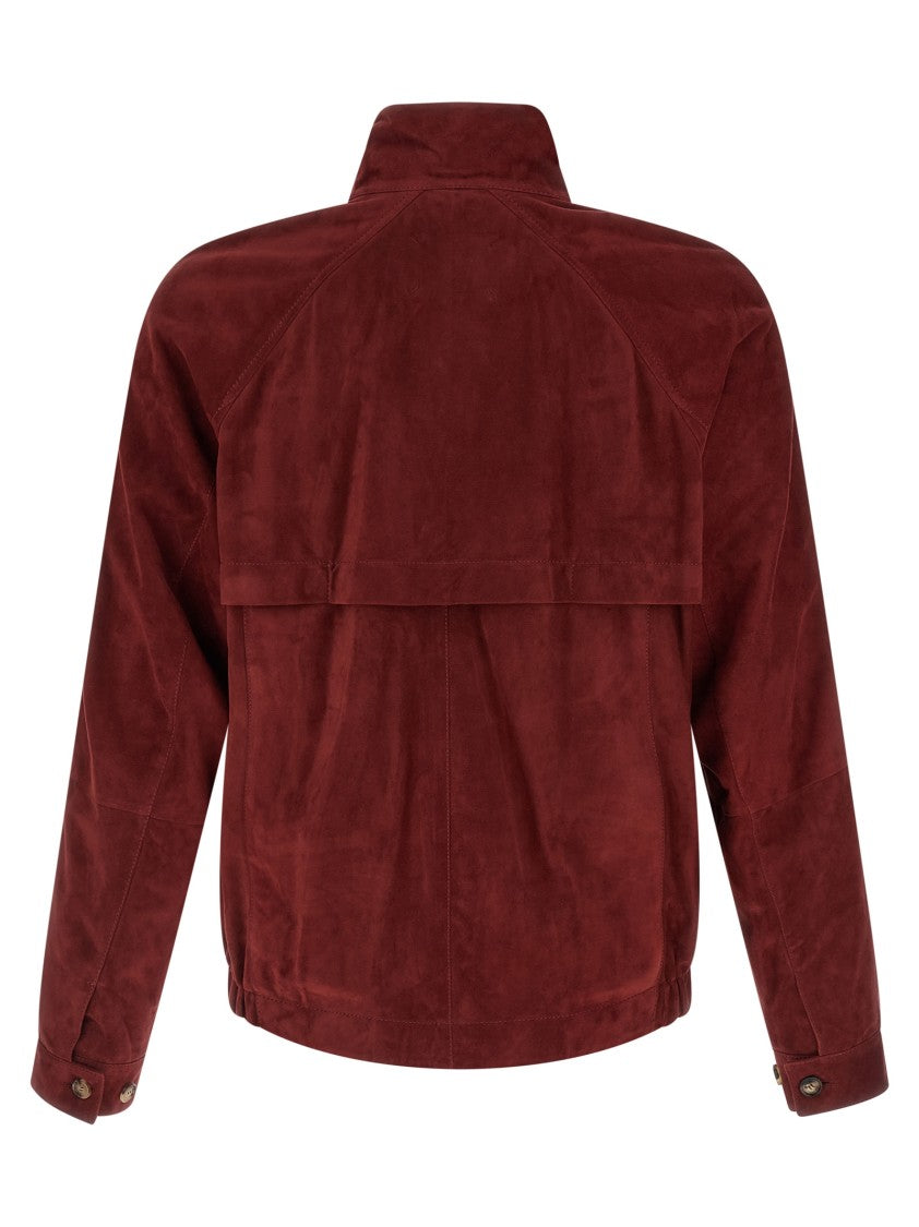 Brunello Cucinelli Unlined Burgundy Suede Jacket With Adjustable Cuffs