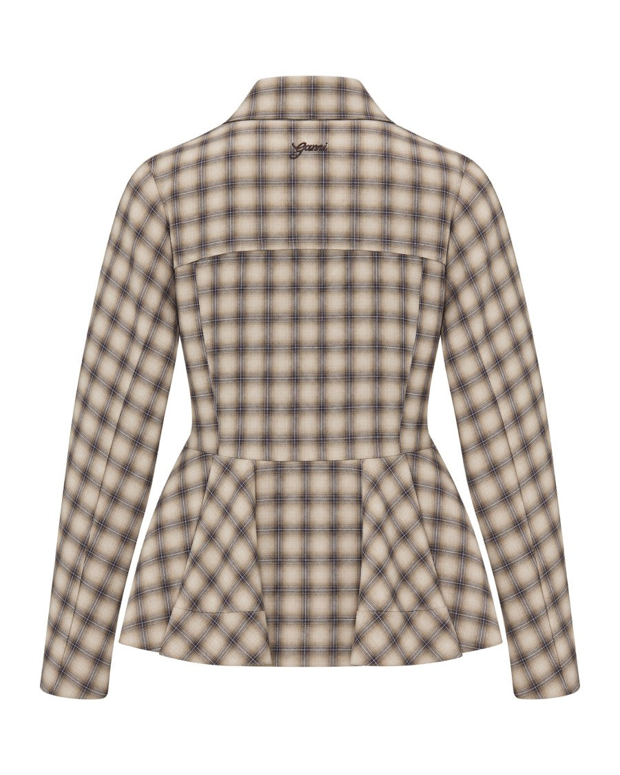 Ganni Oyster Gray Peplum Waist Plaid Shirt