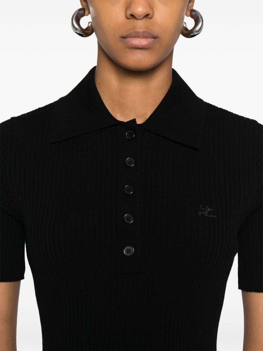 Courrèges Black Ribbed Knit Polo Collar Top