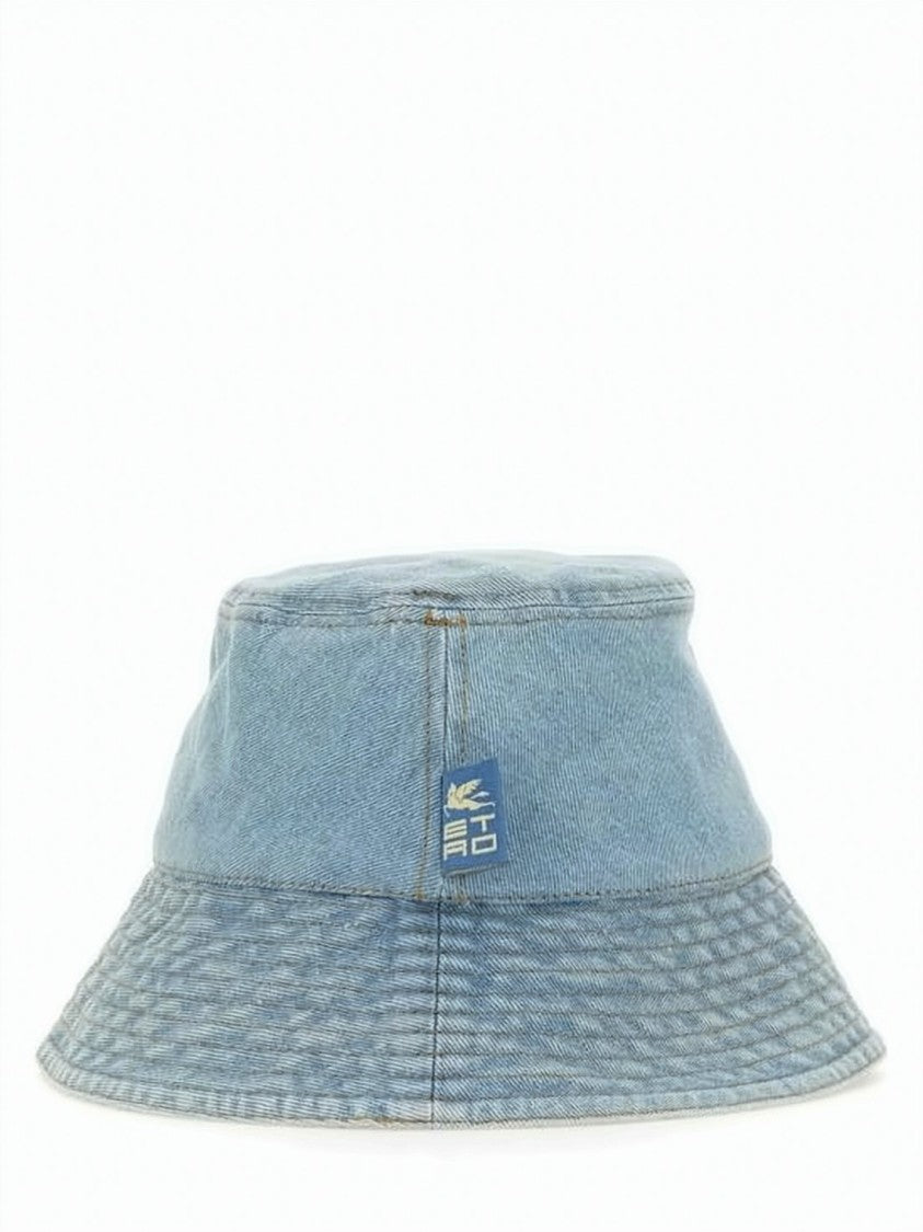 Etro Light Blue Denim Bucket Hat With Floral Embroidery