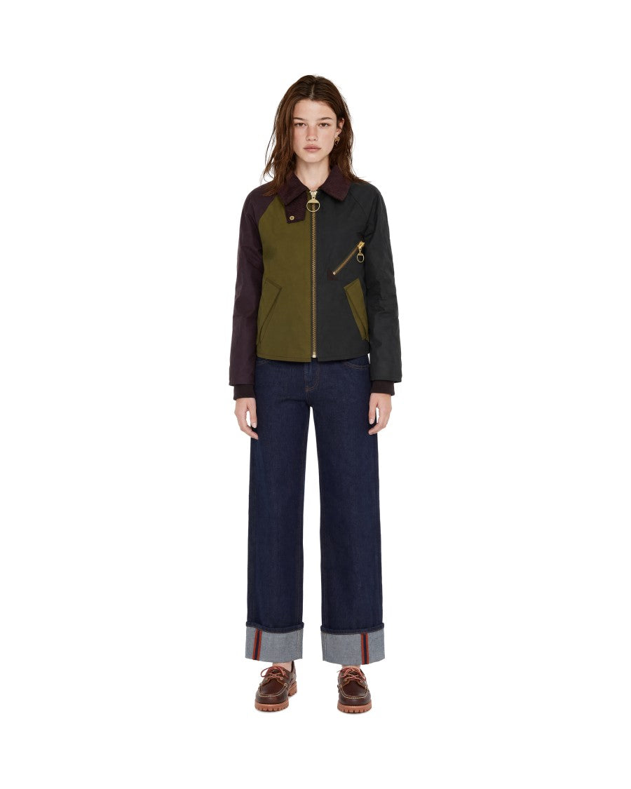 Barbour Short Color Block Jacket With Corduroy Collar And Zipper Details