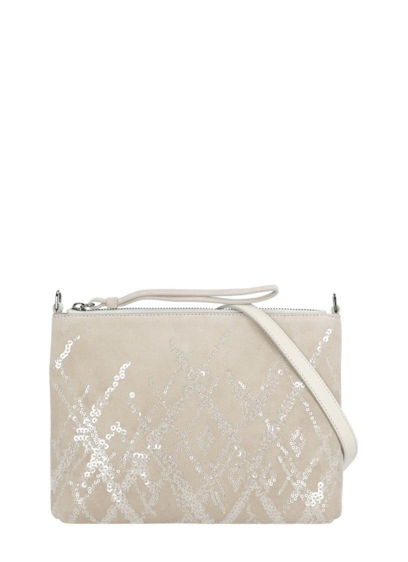 Panicale Rectangular Beige Leather Pochette With Geometric Sequin Design