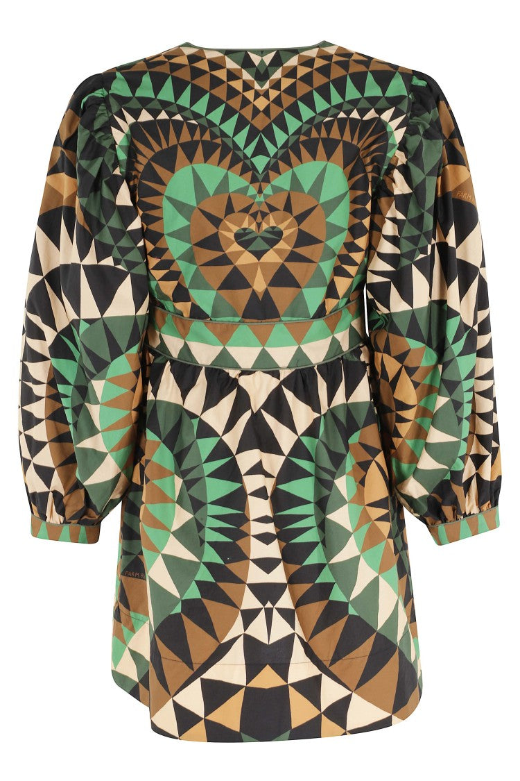 Farm Rio Green Heart Deco Deep V-Neck Viscose Mini Dress