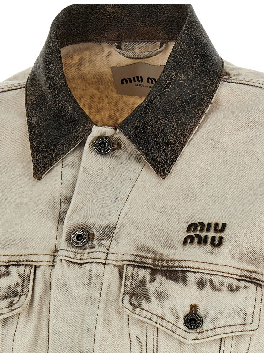 Miu Miu Stone Washed Denim Jacket With Craquelé Leather Accents
