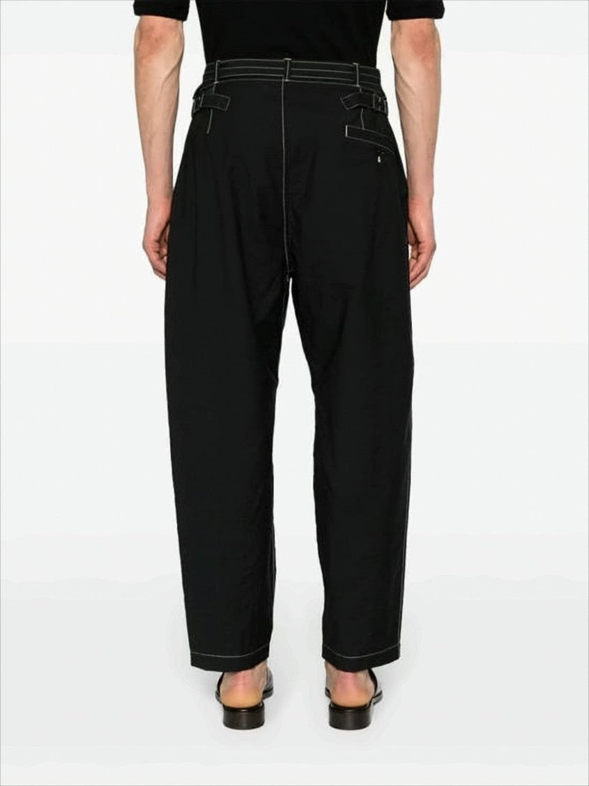 Lemaire Relaxed Fit Black Straight Pants With Belt Detail And Contrasting Stitching