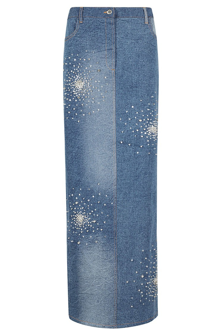 Des Phemmes Tie Dye Embroidered Denim Midi Skirt