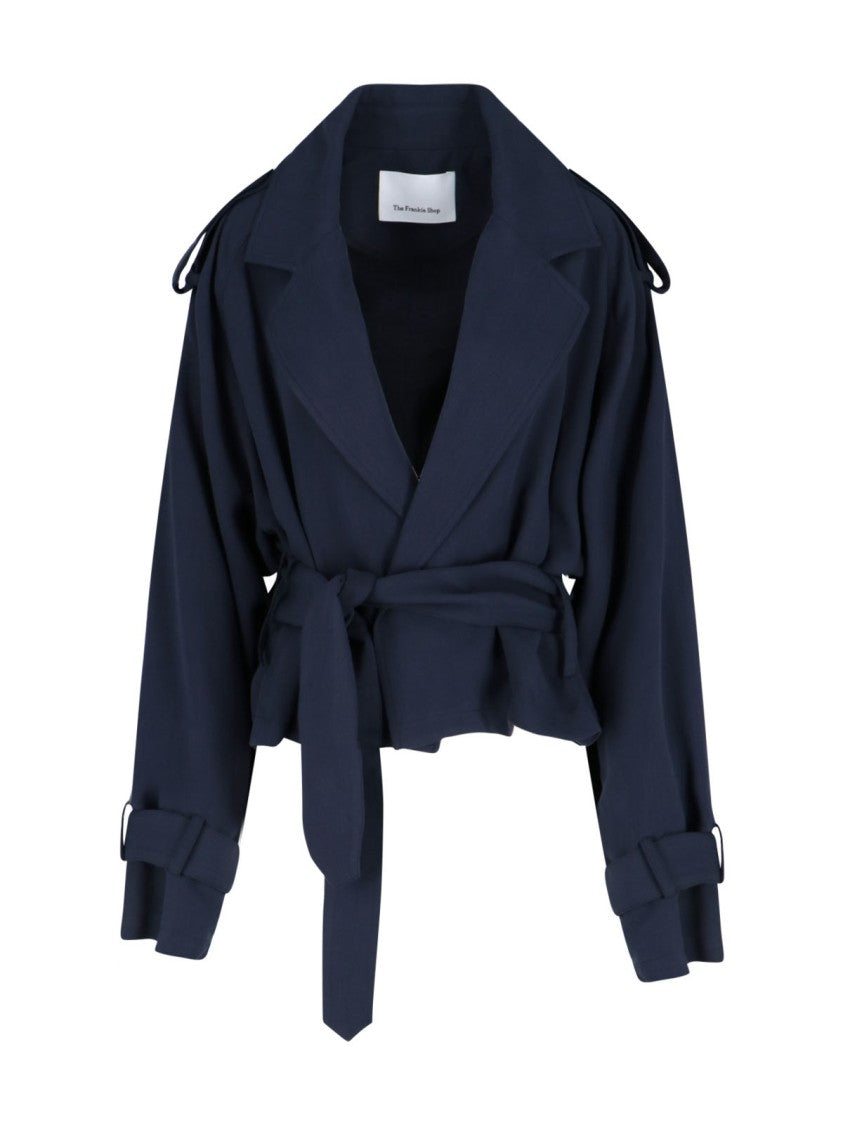 The Frankie Shop Short Navy Trench Coat With Adjustable Waist