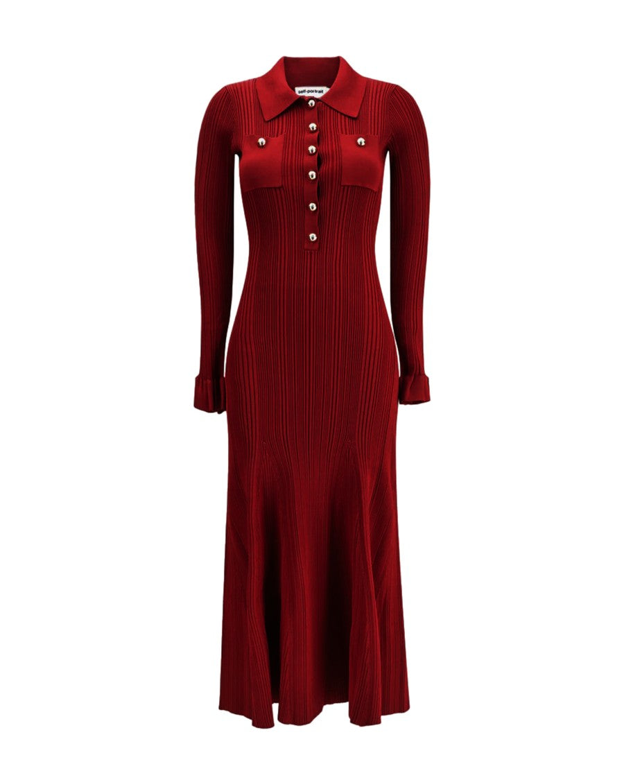Self-Portrait Midi Dress In Ribbed Knit In Burgundy