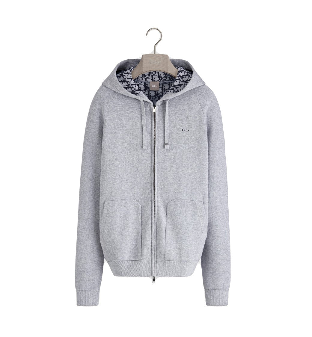 Christian Dior Light Grey Zip-Up Knit Top With Contrast Hood Lining