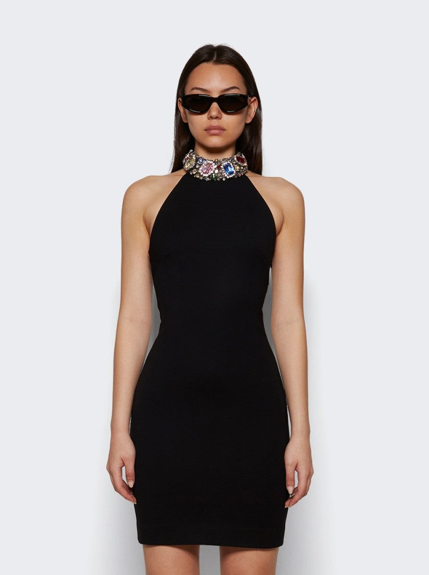 Area Crystal Gemstone Cluster Halter Mini Dress Black