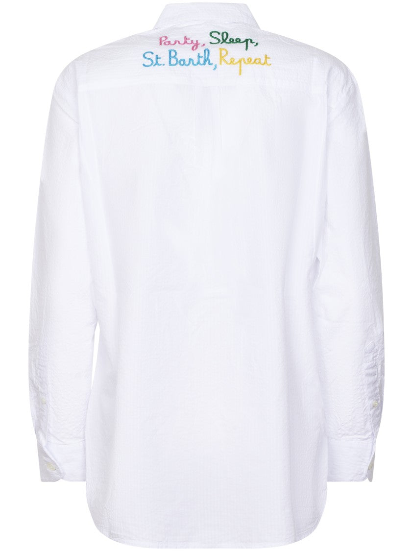 Mc2 Saint Barth White Seersucker Shirt With Embroidered Detail
