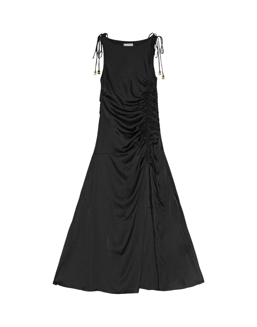 Ganni Long Black Satin Dress With Delicate Shoulder Straps