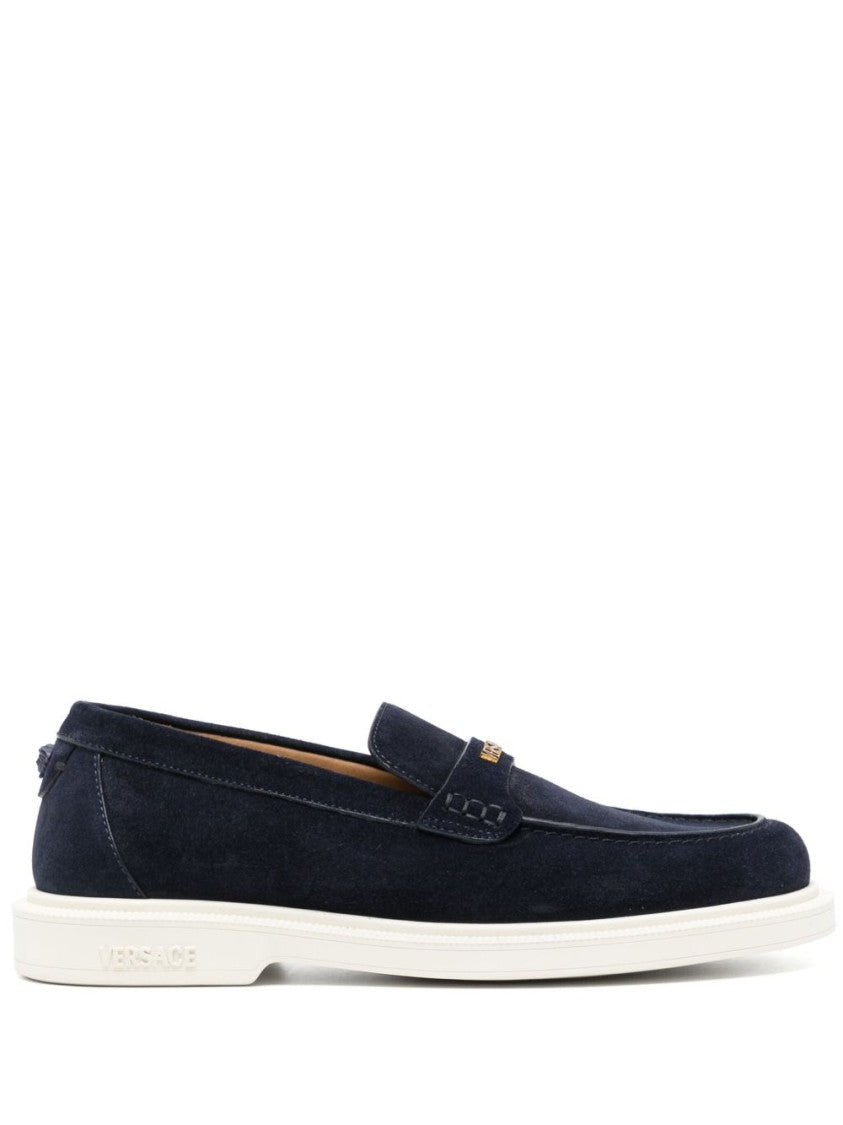 Versace Navy Suede Loafers With Distinctive Medusa Emblem