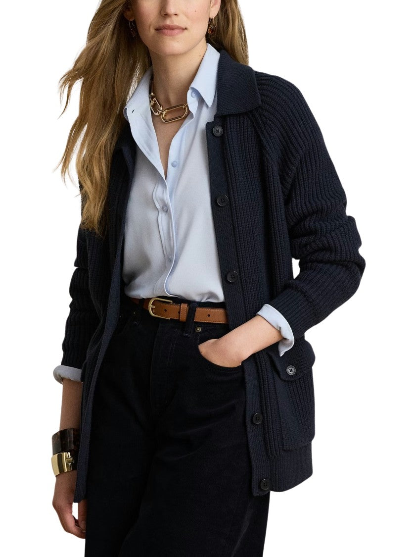 Lauren Ralph Lauren Rib-Knit Cardigan With Collared Neckline And Flap Pockets