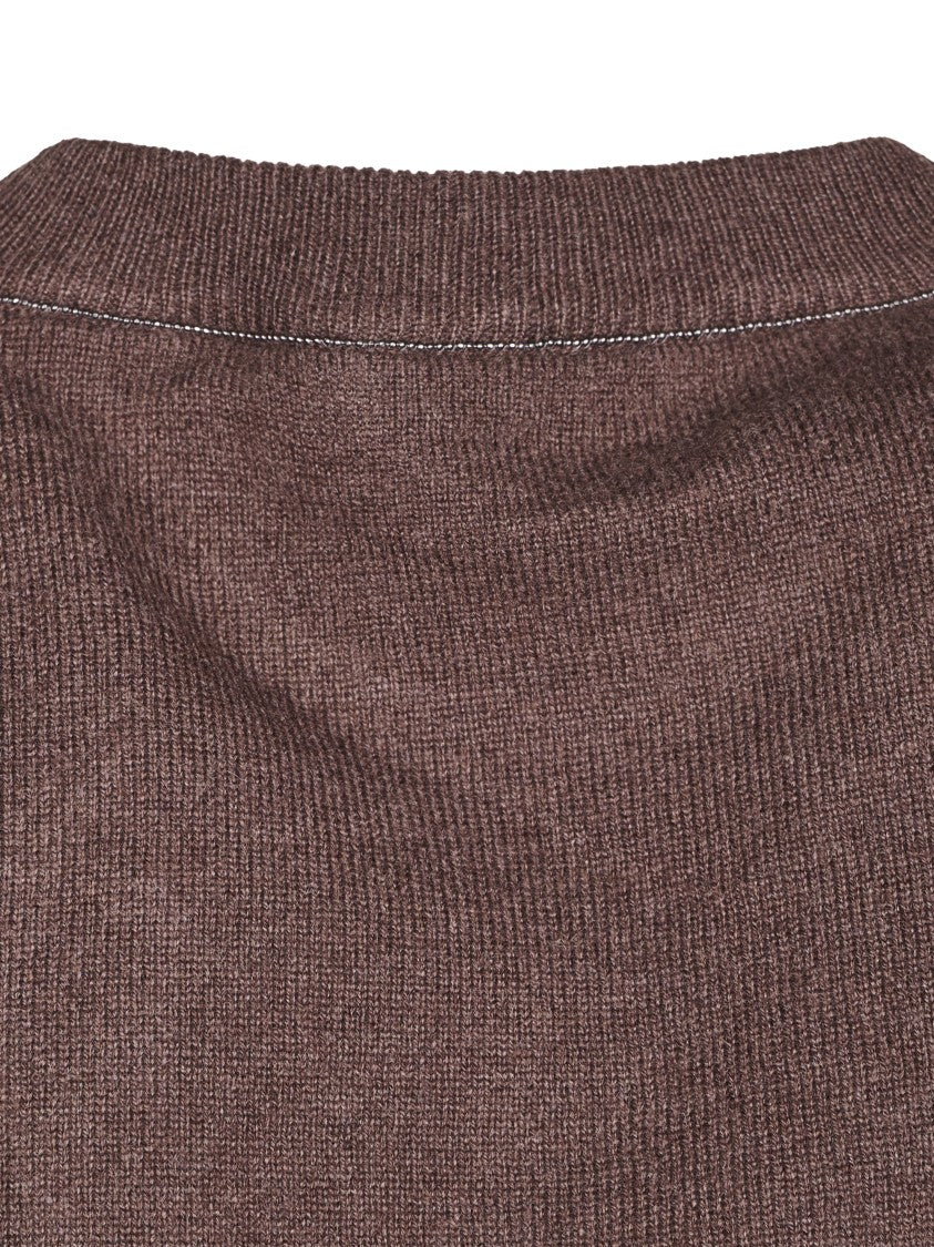 Brunello Cucinelli Fine Knit Brown Sweater With Crew Neckline And Ribbed Cuffs