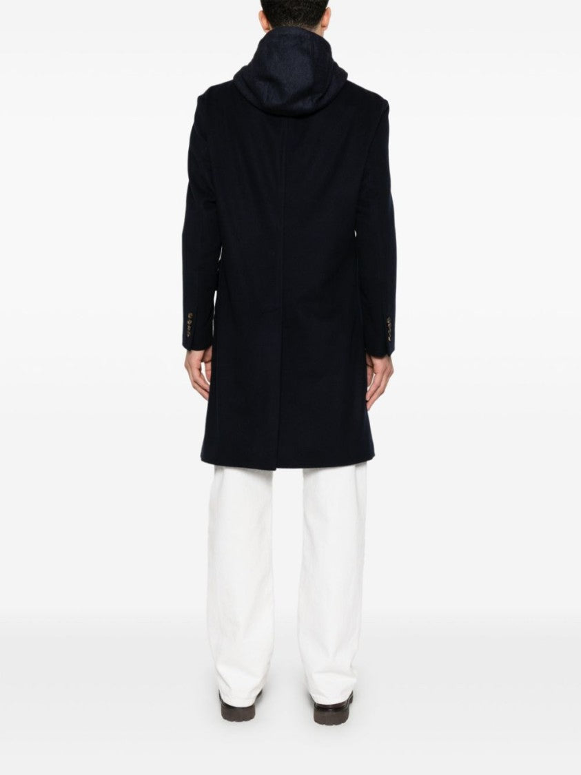 Eleventy Navy Blue Panelled Mid-Length Wool Coat