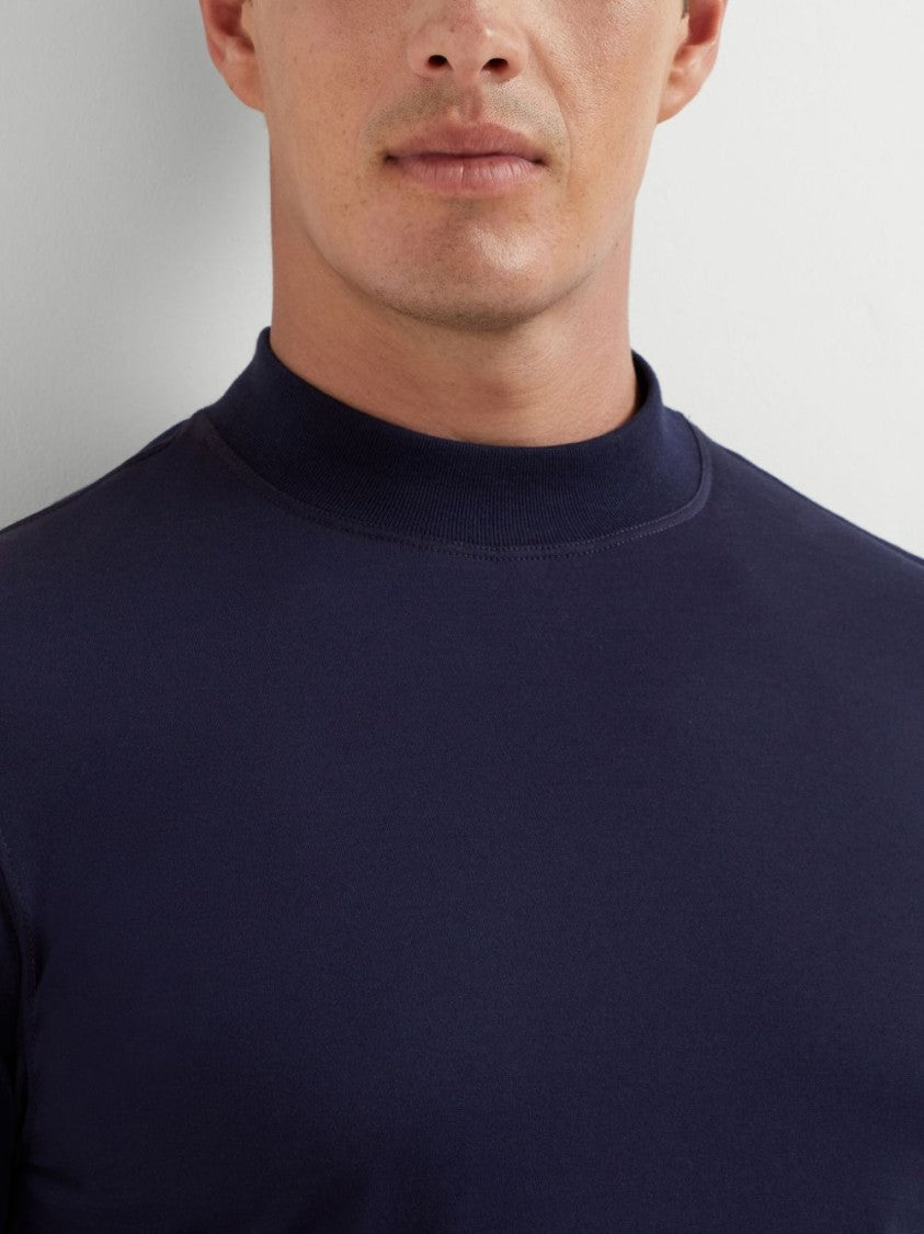 Brunello Cucinelli Navy Blue Mock Neck T-Shirt