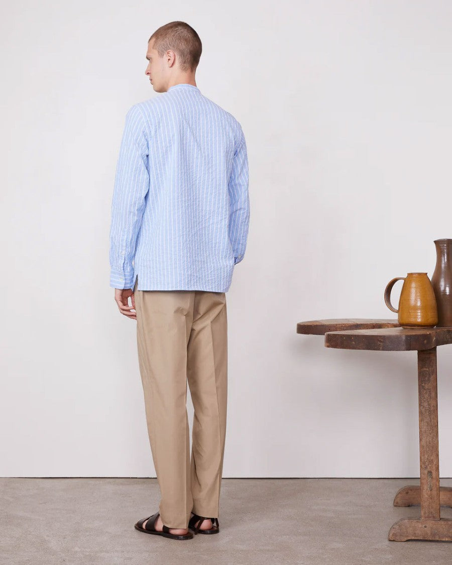 Officine Generale Band Collar Shirt With Gathered Pleats