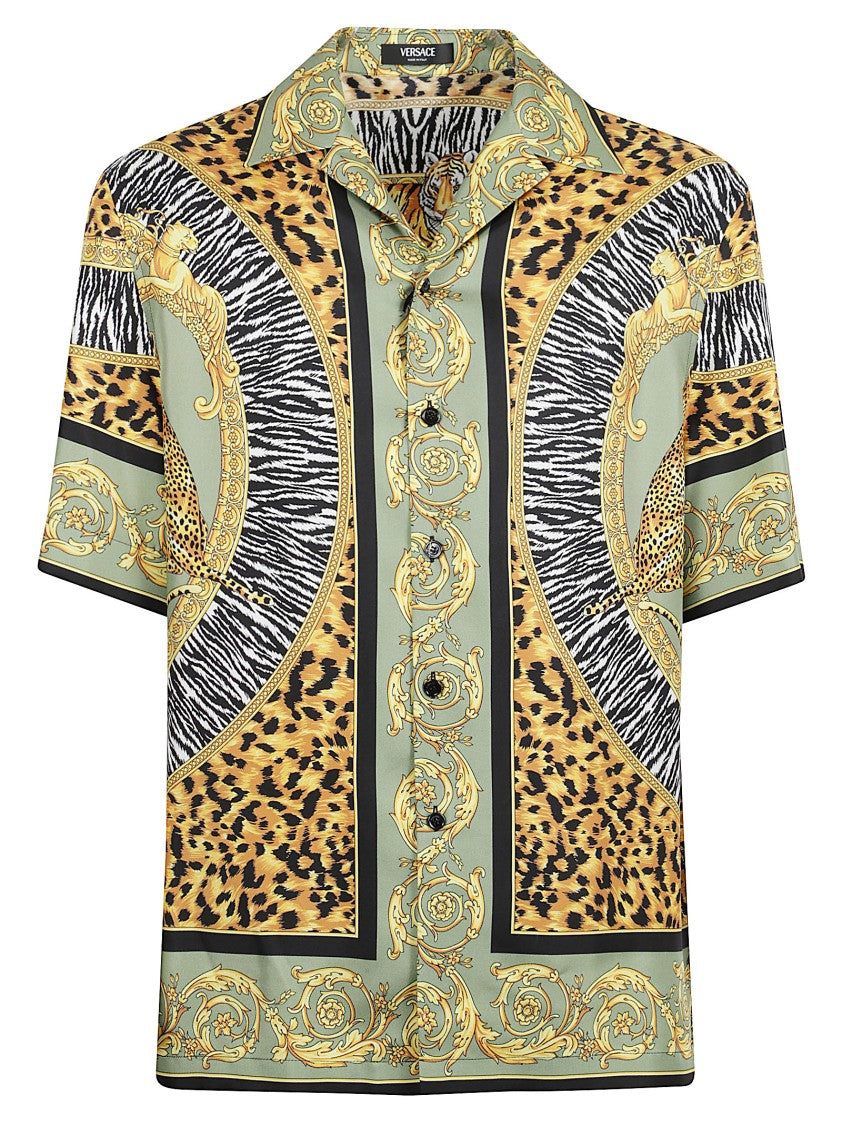 Versace Short-Sleeved Silk Twill Shirt With Wild Cats Print