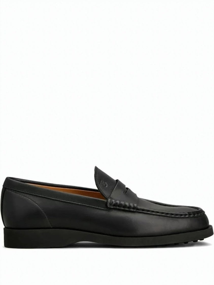 Tod's Black Leather Loafer With Classic Penny Strap And Rubber Pebbled Sole