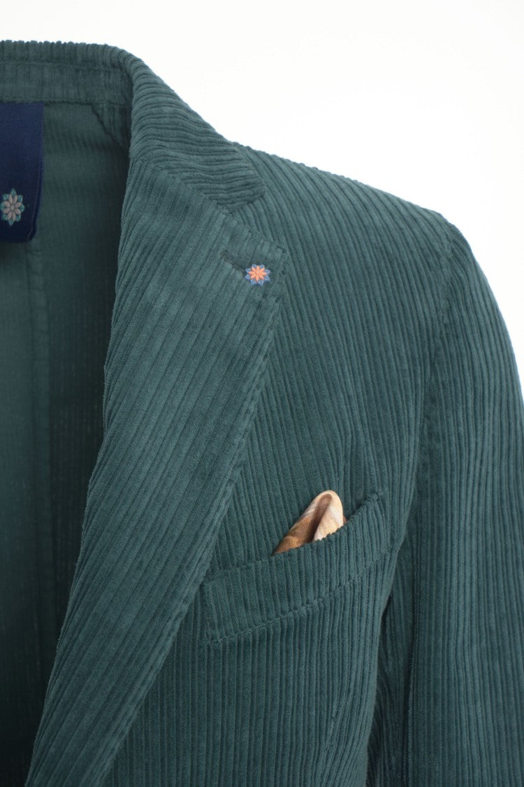 Bharnaba Textured Green Corduroy Blazer With Notch Lapel And Tailored Fit