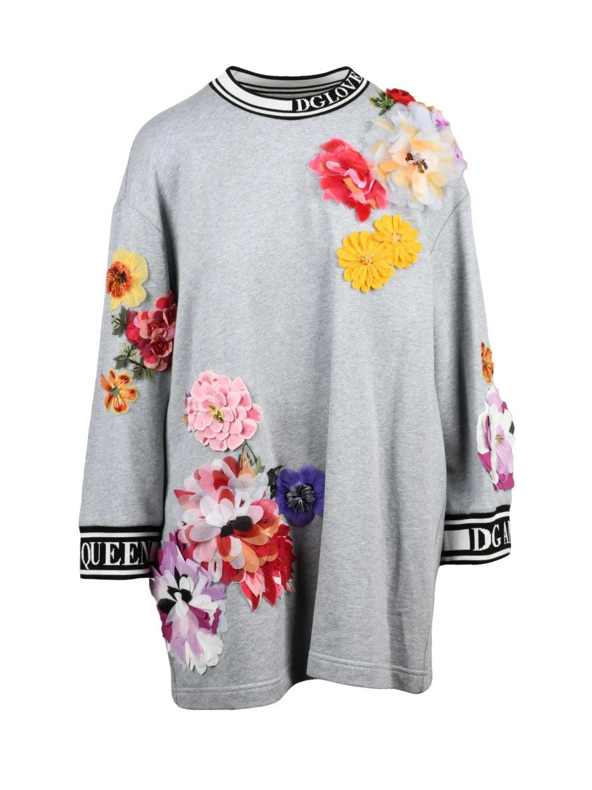 Dolce & Gabbana Grey Floral Appliques Crewneck Cotton Sweatshirt