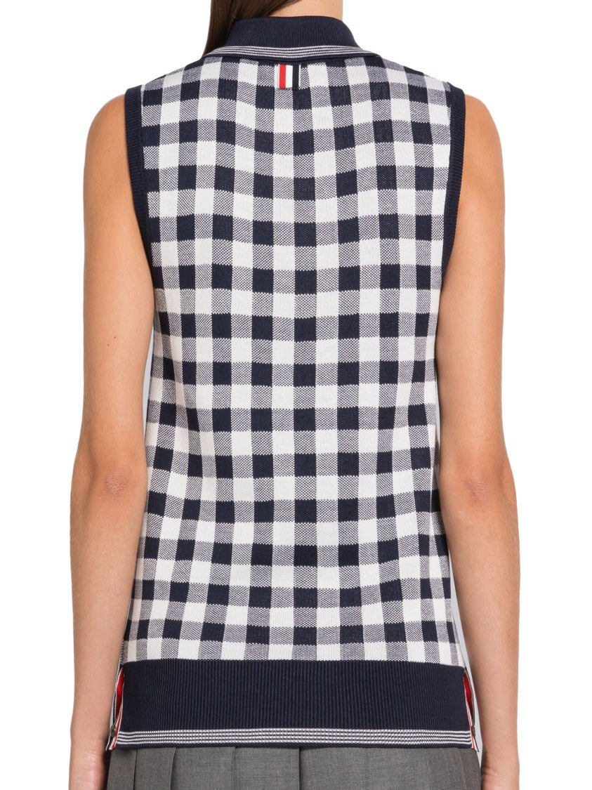 Thom Browne Silk Sleeveless Top With Checkered Pattern And Polo Collar
