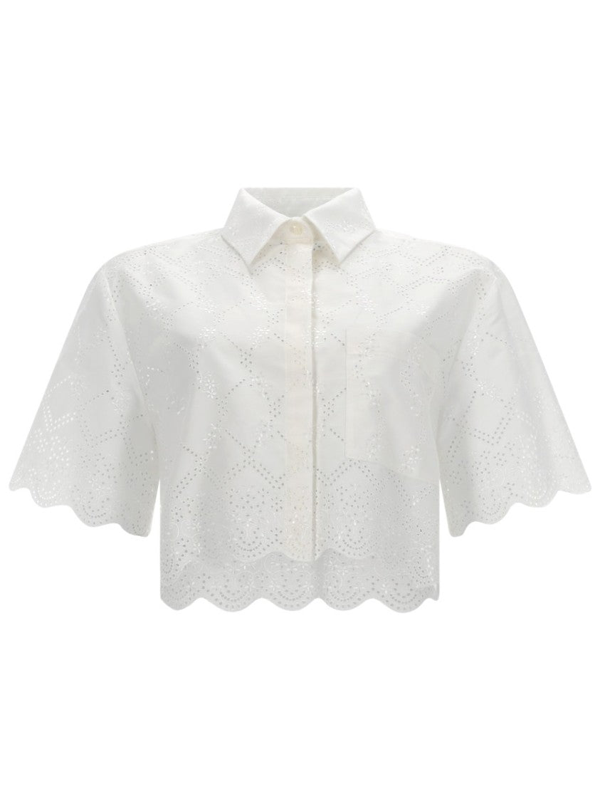 Msgm Eyelet Pattern Cotton-Blend Cropped Shirt