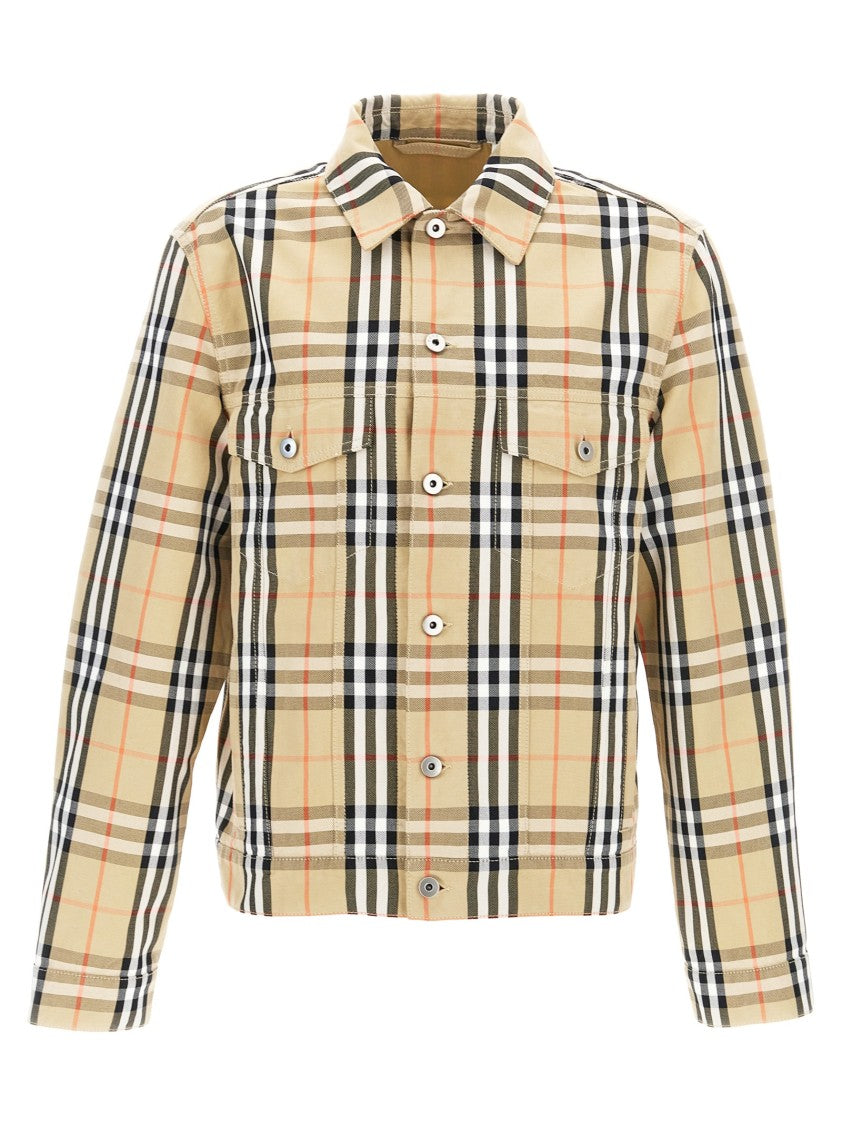 Burberry Check Cotton Jacket With Button Closure And Suede Logo Tag