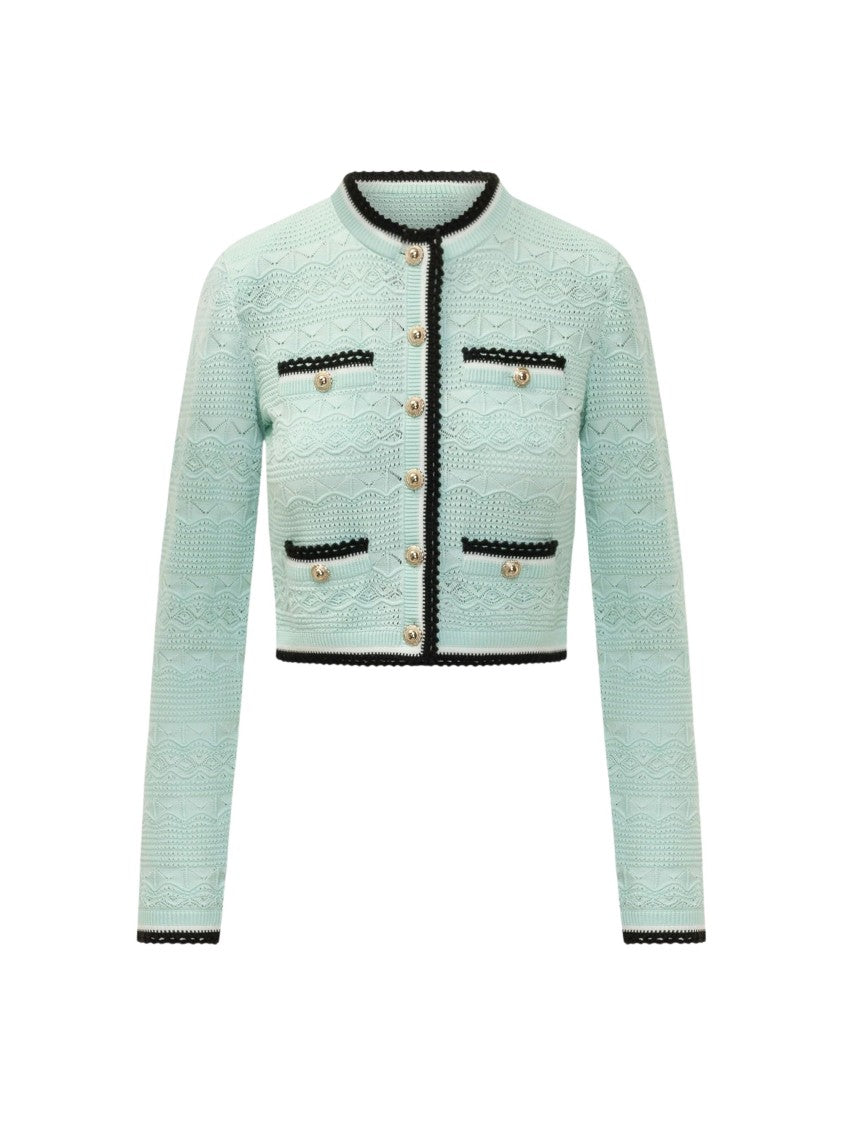 Self-Portrait Green Openwork Cropped Knit Cardigan