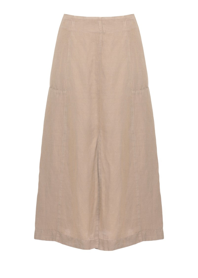 120% Lino Beige Linen Midi Skirt With Flared Silhouette And Detailed Seams