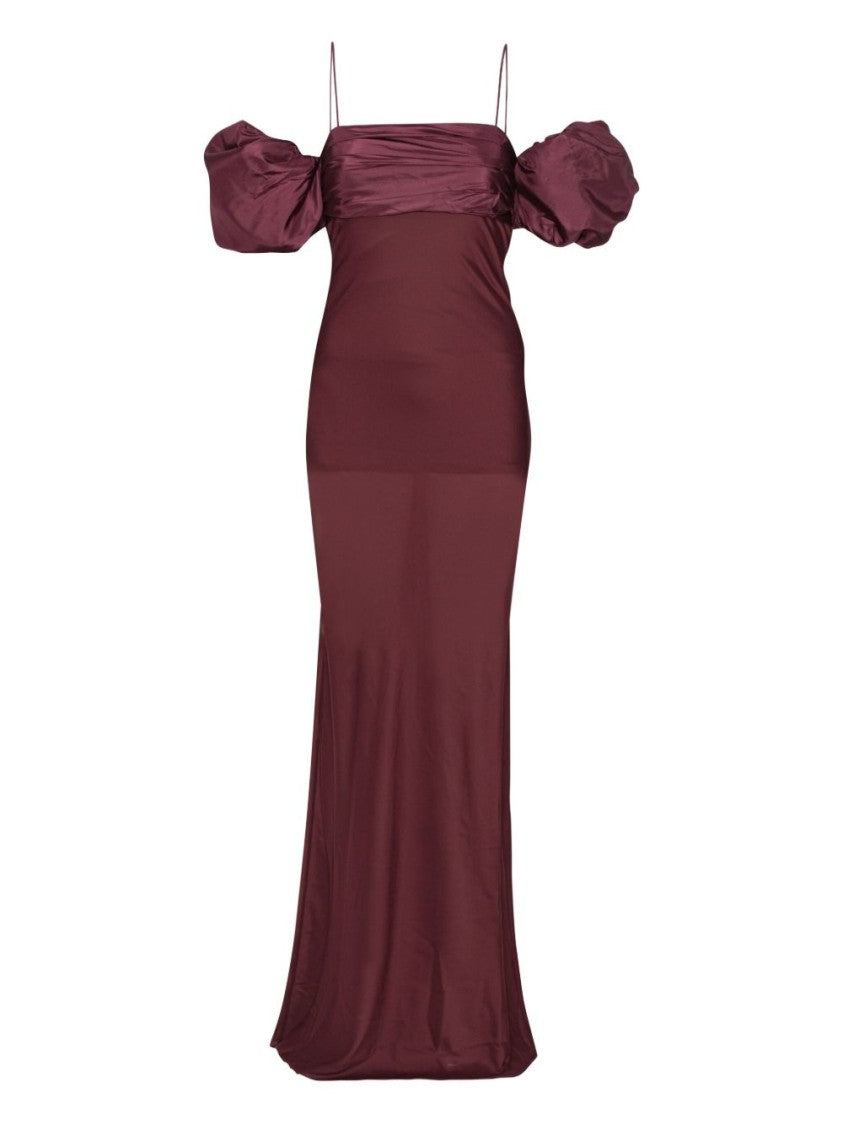 Rotate Burgundy Dress With Puffed Off-Shoulder Sleeves