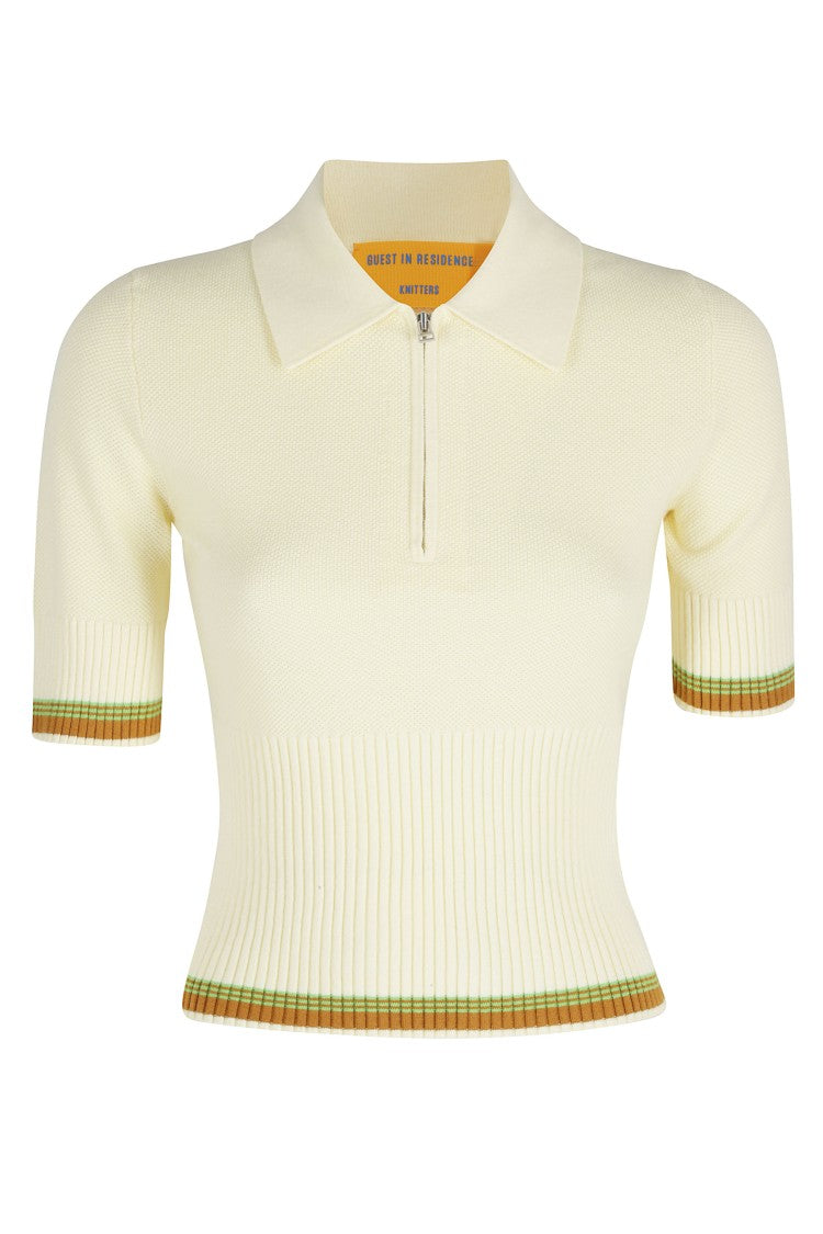 Guest In Residence Yellow Marcella Polo Half-Zip Striped-Trim Cotton-Blend Polo Shirt