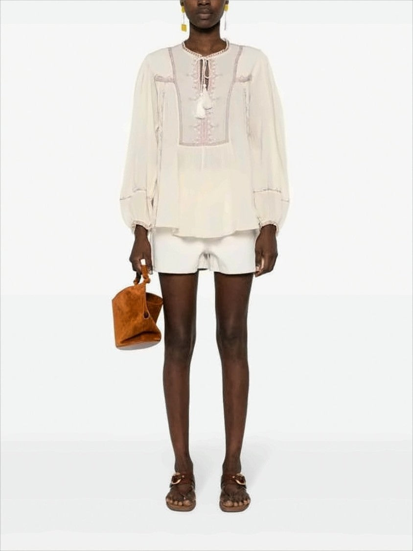 Isabel Marant Geometric Embroidered Cotton Blouse With Puffed Sleeves